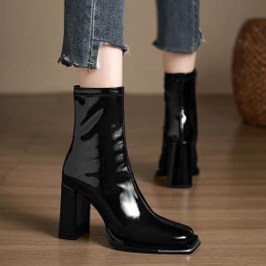 Glossy Square-Toe Ankle Boots