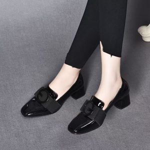 Glossy Buckle Block Heel Loafers