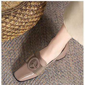 Glossy Buckle Block Heel Loafers