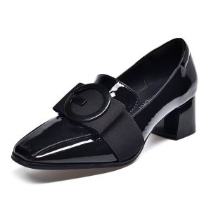 Glossy Buckle Block Heel Loafers