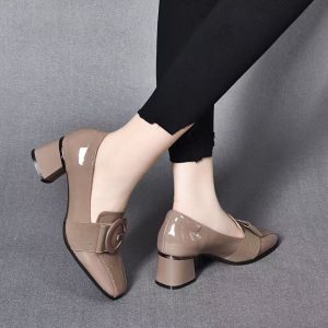 Glossy Buckle Block Heel Loafers