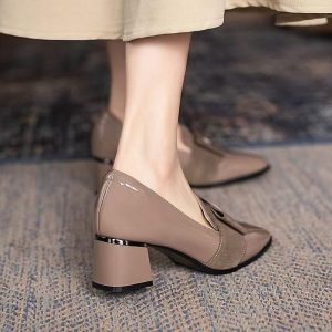 Glossy Buckle Block Heel Loafers