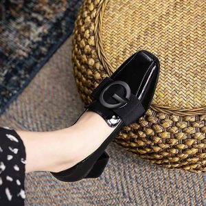 Glossy Buckle Block Heel Loafers