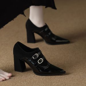 Vintage Double-Buckle Leather Heels